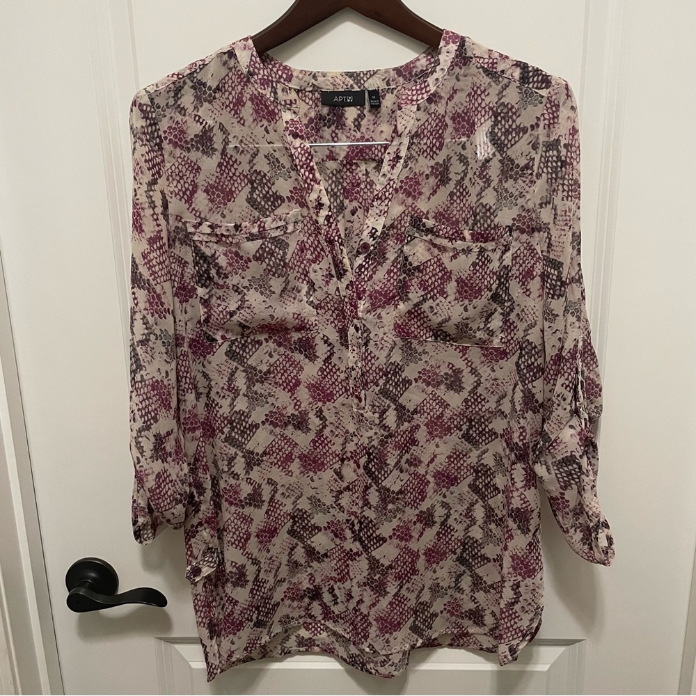 Apt9 sheer plum & gray snake skin print blouse size M, 3/4 length sleeves